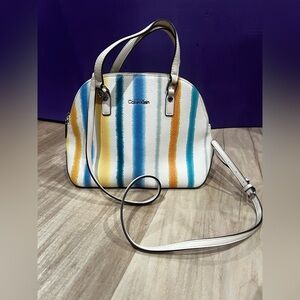 Calvin Klein White Multicolor Striped Dome Satchel